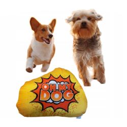 Haustierprodukte – Gelbes und blaues Pop-Art-Hundespielzeug mit Quietscher