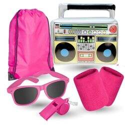 5 in 1 - Retro pink Set mit Schweißbänder & Ghettoblaster uvm. - als Accessoire Vokuhila Kostüm zu Retro neon 80er 90er Fasching & Karneval