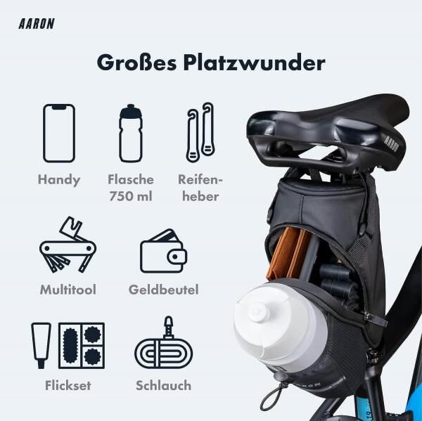 AARON Fahrrad Satteltasche mit Flaschenhalter wasserabweisend Reflektor Fahrradtasche