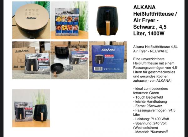 AIR FRYER HEISSLUFTFRITTEUSE ALKANA 1400 WATT 4,5 LITER VOLUMEN TOUCH BEDIENUNG NEUWARE A-WARE 