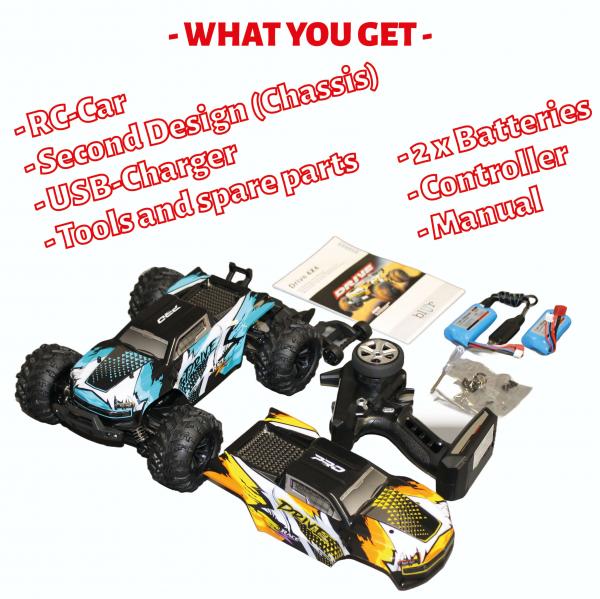 Blij´r DRIVE ferngesteuertes RC Auto 70 km/h, 2 Chassis, 1:16, 2 Akkus, Allrad, 120m Monstertruck Funkauto Spielzeugauto Truck Buggy
