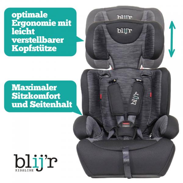 Blij´r Ivo Grey/Black Autositz mit gratis Rücksitz Organizer Kleinkind Reise Urlaub Organizer 5-Punkt-Gurt, Auto KfZ