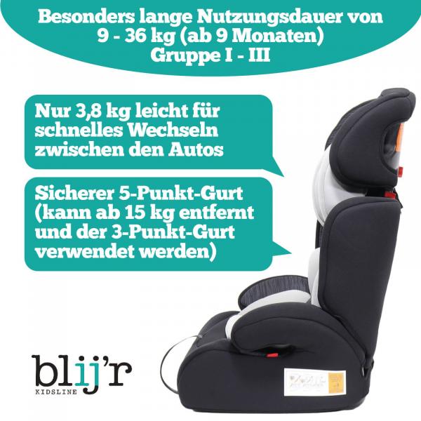 Blij´r Ivo Grey/Black Autositz mit gratis Rücksitz Organizer Kleinkind Reise Urlaub Organizer 5-Punkt-Gurt, Auto KfZ