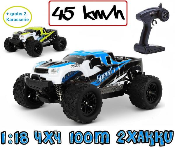 Blij´r Speed´r Blau ferngesteuertes RC Auto 45 km/h, 1:18, 2 Akkus, Allrad, 100m, Monstertruck RTR Truck Fahrzeug Ersatzkarosserie