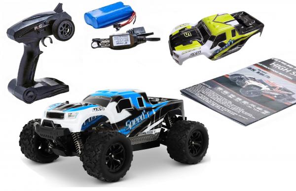 Blij´r Speed´r Blau ferngesteuertes RC Auto 45 km/h, 1:18, 2 Akkus, Allrad, 100m, Monstertruck RTR Truck Fahrzeug Ersatzkarosserie
