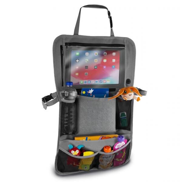 Blij´r Uniek Grau Kindersitz mit Fioly Organizer | von 3,5 bis 12 Jahren, höhenverstellbar bis 150 cm, 3-Punktgurt Babyschale Tasche Auto
