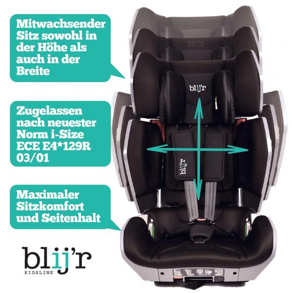 Blij´r Uniek Grau Kindersitz mit Fioly Organizer | von 3,5 bis 12 Jahren, höhenverstellbar bis 150 cm, 3-Punktgurt Babyschale Tasche Auto