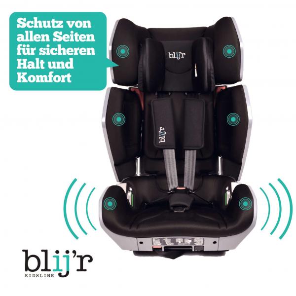 Blij´r Uniek Grau Kindersitz mit Fioly Organizer | von 3,5 bis 12 Jahren, höhenverstellbar bis 150 cm, 3-Punktgurt Babyschale Tasche Auto
