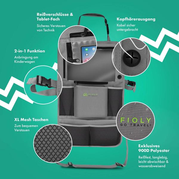 Fioly Organizer Tasche für KFZ Kopfstütze Kind Baby Stauraum für Autositz, Rücksitztasche
