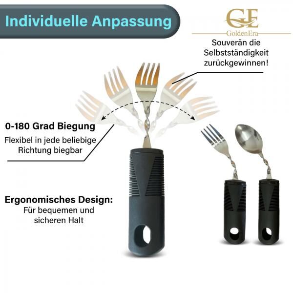 GoldenEra biegsames Essbesteck Supergrip Biegbar für Senioren mit extra großem Griff Seniorenbesteck Athritis Gabel Messer Löffel Teelöffel