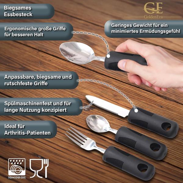 GoldenEra biegsames Essbesteck Supergrip Biegbar für Senioren mit extra großem Griff Seniorenbesteck Athritis Gabel Messer Löffel Teelöffel