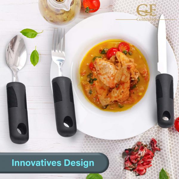 GoldenEra biegsames Essbesteck Supergrip Biegbar für Senioren mit extra großem Griff Seniorenbesteck Athritis Gabel Messer Löffel Teelöffel