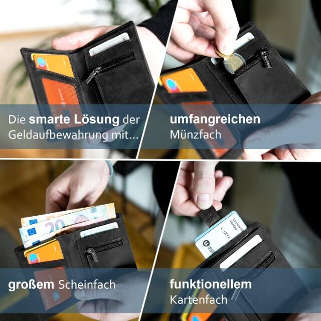 Mini Geldbörse / Slimwallet mit Münzfach in Schwarz, Braun und Carbon