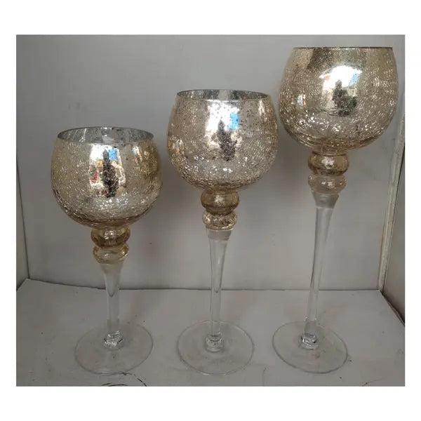 3er Set Champagnerfarbene Windlichter auf Fu&szlig; mit Crackle-Effekt f&uuml;r stilvolle Beleuchtung