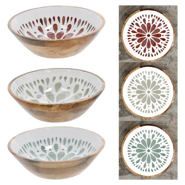 Set of 3 large mango wood bowls with enamel and mandala design, Ø approx. 35cm