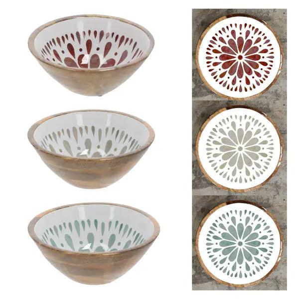 3er Set Kleine Mangoholz-Schalen mit Emaille und Mandala, &Oslash; ca. 18cm