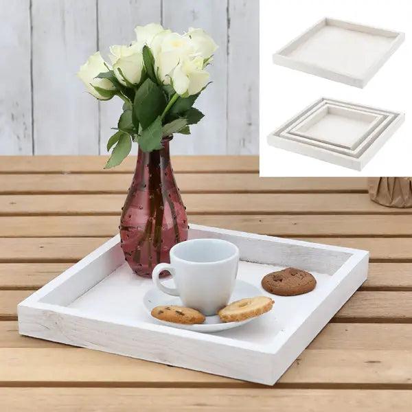 3er Set Wei&szlig;e Deko-Holztabletts, Quadratisch, Ca. 30x30 cm &ndash; Modernes Design