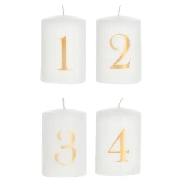 4er Set Wei&szlig;e Stumpenkerzen mit Goldenen Zahlen 1-4 - Stilvolles Dekor