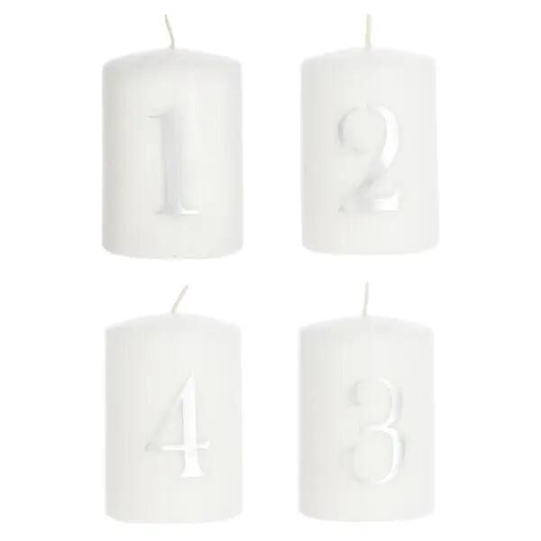 4er Set Wei&szlig;e Stumpenkerzen mit Silbernen Zahlen 1-4 - Elegantes Kerzenset