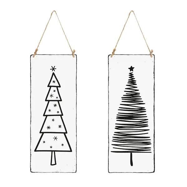 Blechschild-Set mit Tannenbaum, schwarz/wei&szlig;, 2-teilig, 10x25 cm &ndash; Nostalgische Festtagsdeko