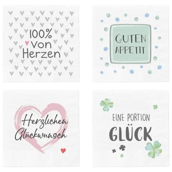 Bunte Servietten mit Spr&uuml;chen, 4 Designs, 20er-Pack