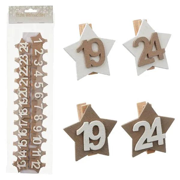 Dekoklammer f&uuml;r Adventskalender Stern - 24-tlg., 2/s, 4cm - Perfekt f&uuml;r weihnachtliche Bastelarbeiten
