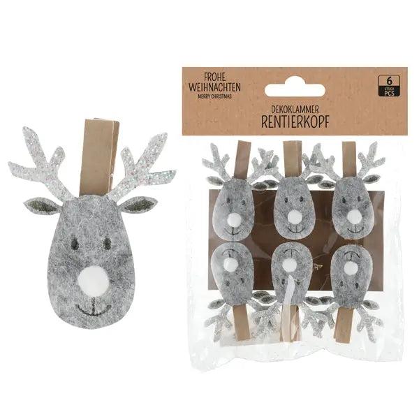 Dekoklammer Rentierkopf Filz, 6er-Set &ndash; Festliche Filzklammern | Stilvolle Weihnachtsdeko