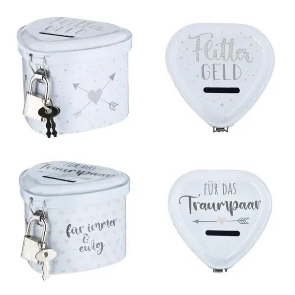 Elegante Spardose Herzform mit Schloss - Hochzeit 2/s - Perfektes Geschenk f&uuml;r Frischverm&auml;hlte