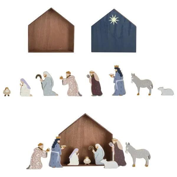 Farbig gestaltete Holz-Weihnachtskrippe, 9-teiliges Set &ndash; Traditionelle Festtagsdekoration