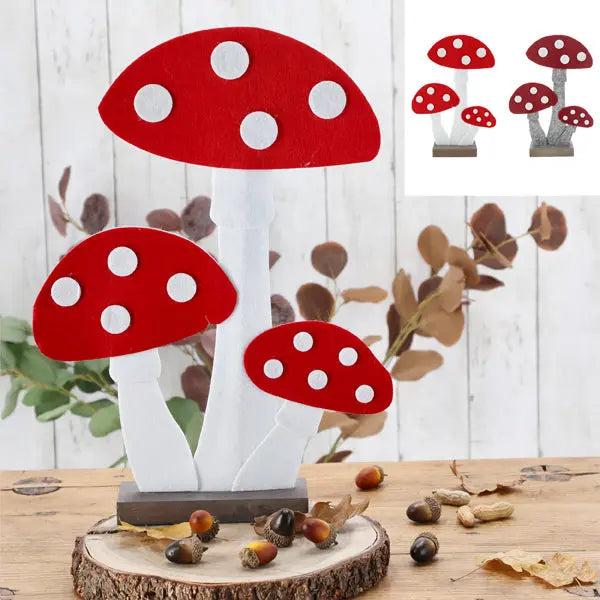 Filz-Pilze auf Holzsockel, stehende Pilze 41cm, Set mit 2, rustikale Dekoration f&uuml;r Zuhause