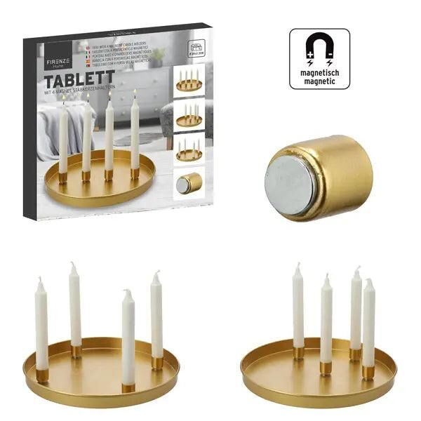 Goldenes Tablett mit 4 Magnetischen Stabkerzenhaltern - Durchmesser 30cm
