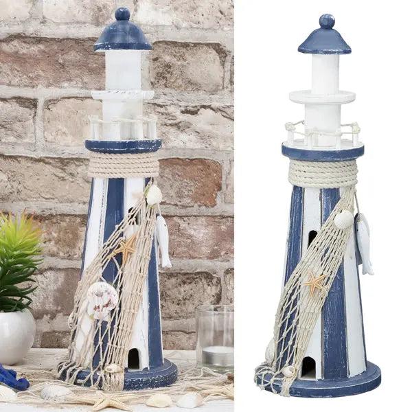 Gro&szlig;er Deko-Leuchtturm mit Fischmotiven, 12x37x12 cm &ndash; Maritimer Schick