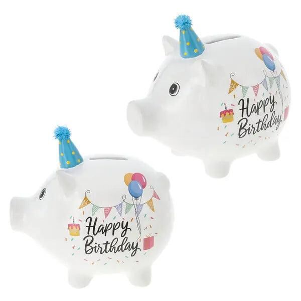 Gro&szlig;es Happy Birthday Sparschwein, ca. 17x16 cm &ndash; Geschenk zum Geldsparen