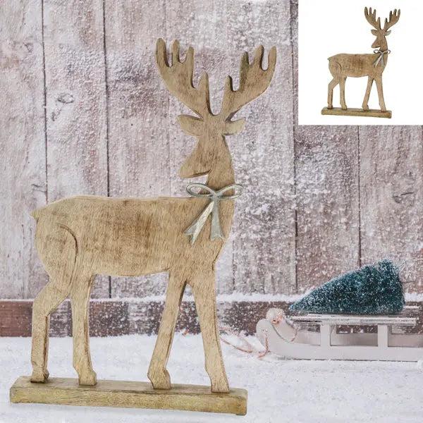 Gro&szlig;es Rentier mit silberner Schleife auf Standfu&szlig; - 54 cm hohe Weihnachtsdeko