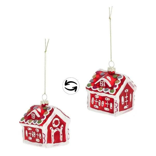 Handgefertigter Glas-Christbaumschmuck Lebkuchenhaus - Set aus 2, 7x8cm, Weihnachtsdeko