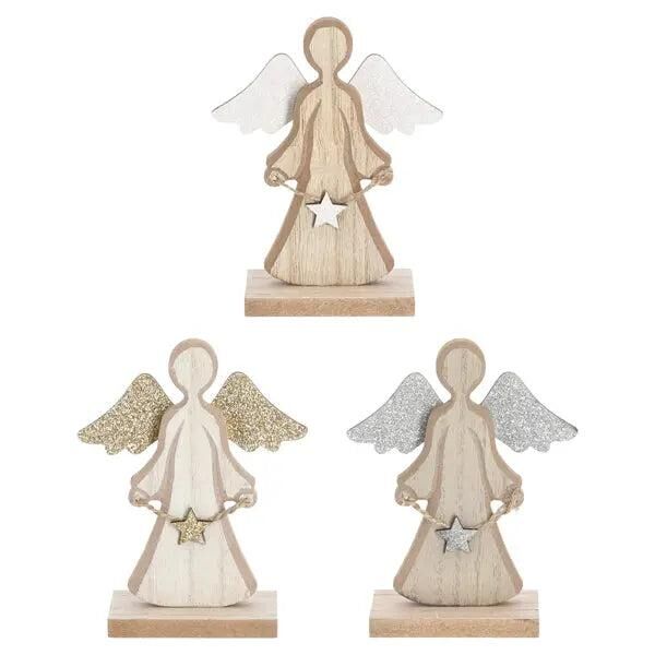 Holz-Engel mit Glitter auf Fu&szlig;, 3er-Set, 13 cm hoch &ndash; Schimmernde, festliche Deko