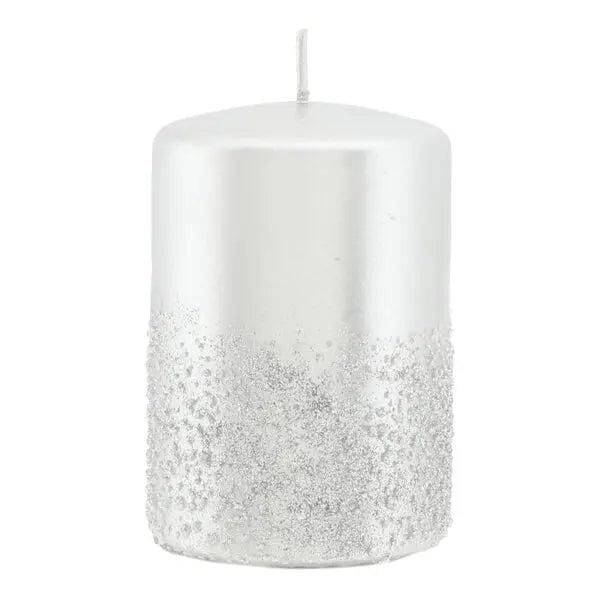 Kleine Silberne Stumpenkerze Metallic Glitzer, 10cm - Edles Tischdekor