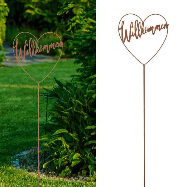 Kleiner Gartenstecker 'Willkommen Herz' - Antikrost-Eisen, 90cm