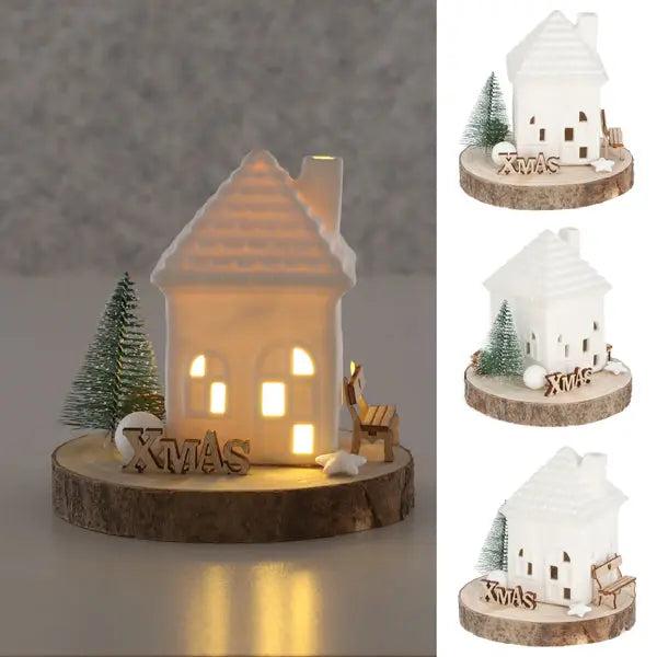 LED-Beleuchtetes Keramikhaus auf Holzsockel, Charmante Dekorative Beleuchtung