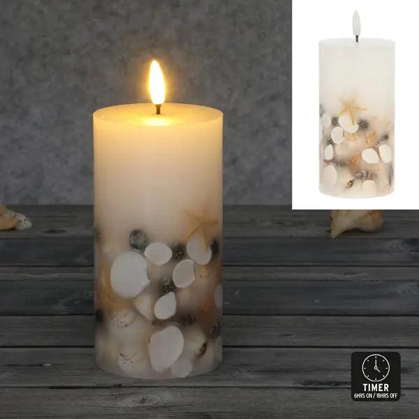 LED Echtwachskerze, Muschel-Design, 7,5x15 cm, batteriebetrieben, flackernder Flammeneffekt