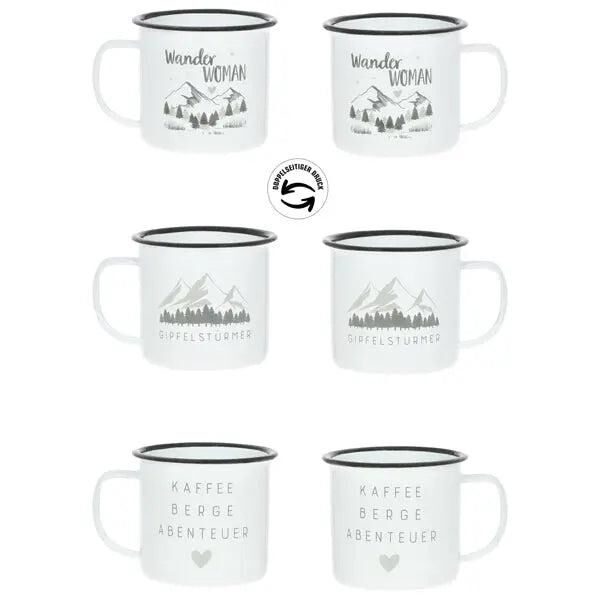 Metallbecher mit Henkel, Bergmotive, 3-fach sortiert &ndash; Robustes Outdoor-Geschirr
