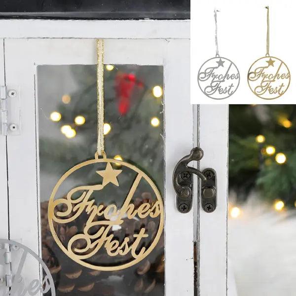 Metallh&auml;nger Frohes Fest, Set mit 2, klein, &Oslash; 7cm - Dekoanh&auml;nger