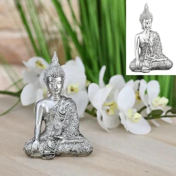Medium sized Buddha statue silver, sitting, 12cmH - Decorative Zen figure