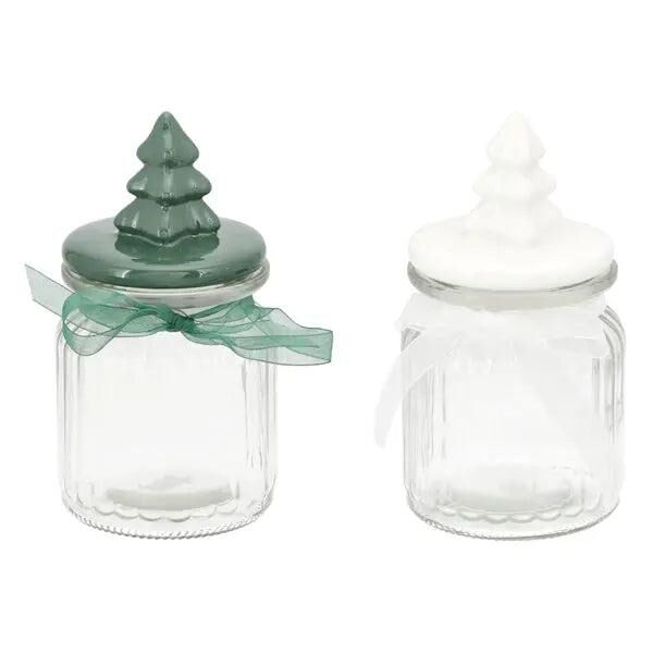 Produkttitel: 2er Set Kleine Vorratsgl&auml;ser mit Tannenbaum-Deckel - 15cm H&ouml;he