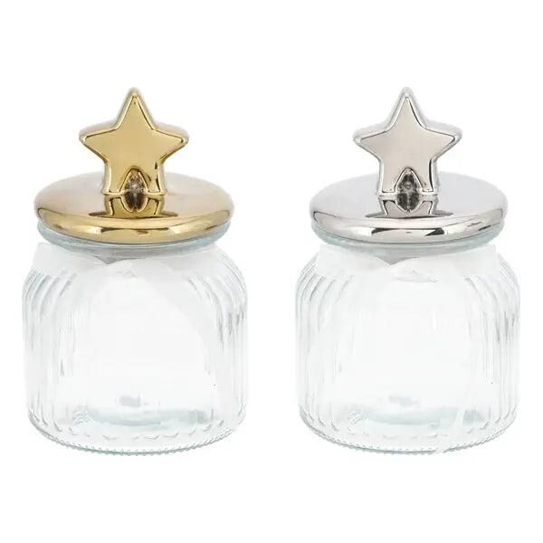 Product title: Set of 2 medium sized storage jars with metallic star lids - 18cm height