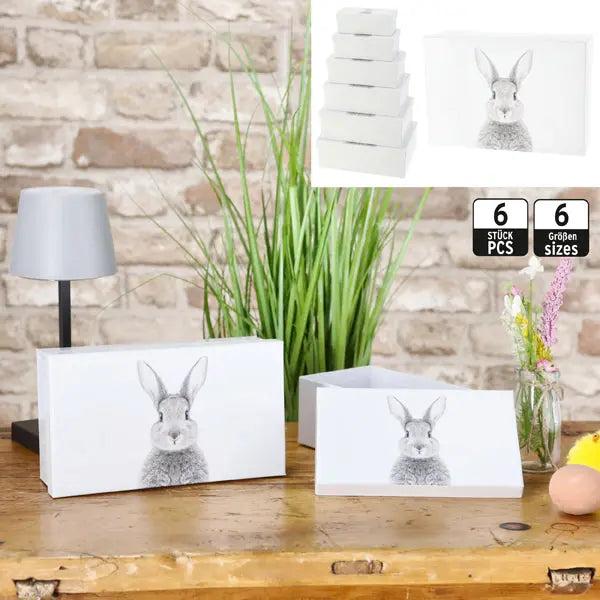 Rechteckiges Boxenset mit Hasenmotiv, 6er Set - Ideal f&uuml;r elegante Geschenkaufbewahrung!
