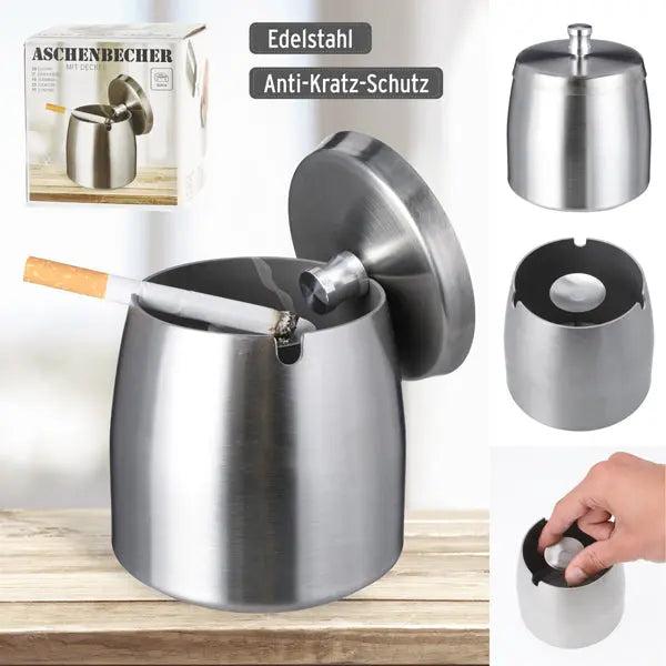 Robuster Edelstahl-Sturmaschenbecher mit Deckel &ndash; Windfestes Design, 9cm H&ouml;he &ndash; F&uuml;r Au&szlig;enbereich