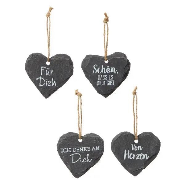 Schieferherz mit Spr&uuml;chen, 4er-Set, ca. 7x7cm | Dekorative Herzplatten | Schieferherzen mit Text