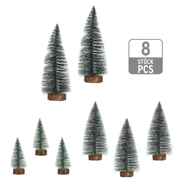 Schneebedeckte Mini-Tannenb&auml;ume mit Holzsockel, 8er Set, Ca. 10-20cm Hoch