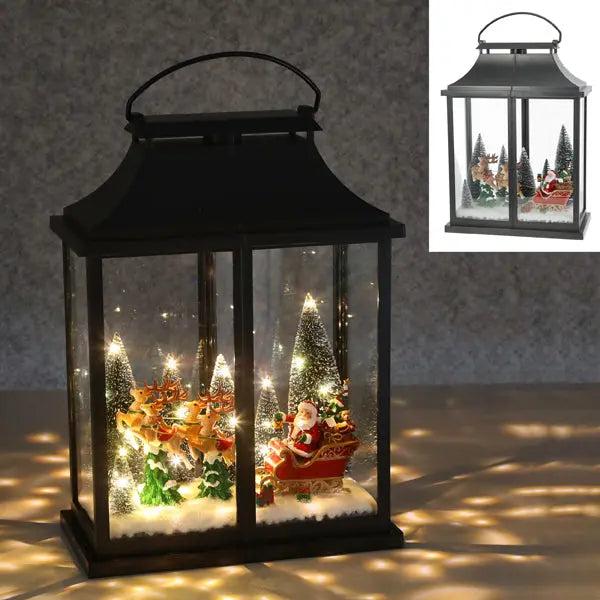 Schwarze LED-Laterne mit Santa und Rentierschlitten, 40 cm hoch